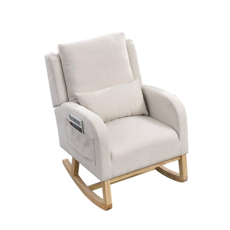 High Back Rocker Accent Chair with Wood Base, One Lumbar Pillow and Two Side Pockets