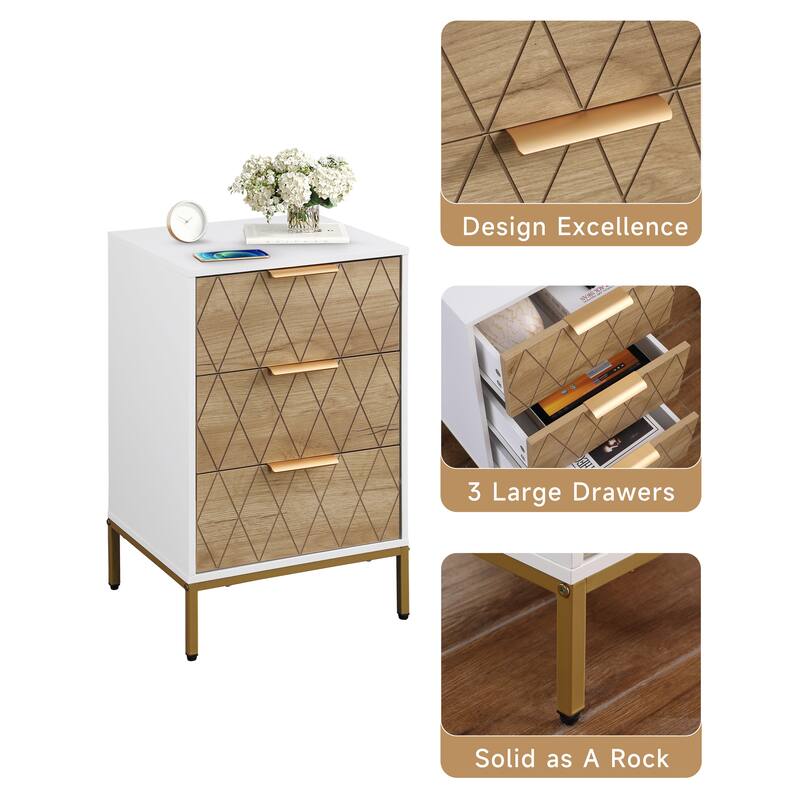 Nightstand with 3 Drawers, Mid-Century Modern End Table,Gold Metal Feet, Gold Metal Handles