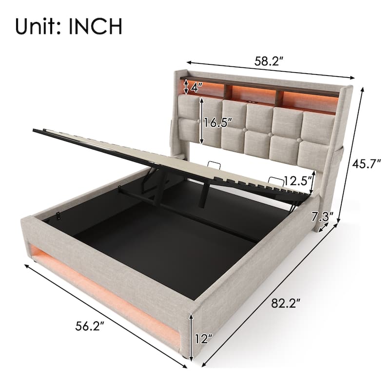 Full Size Upholstered Platform Bed with Hydraulic Storage System, LED and USB Charging