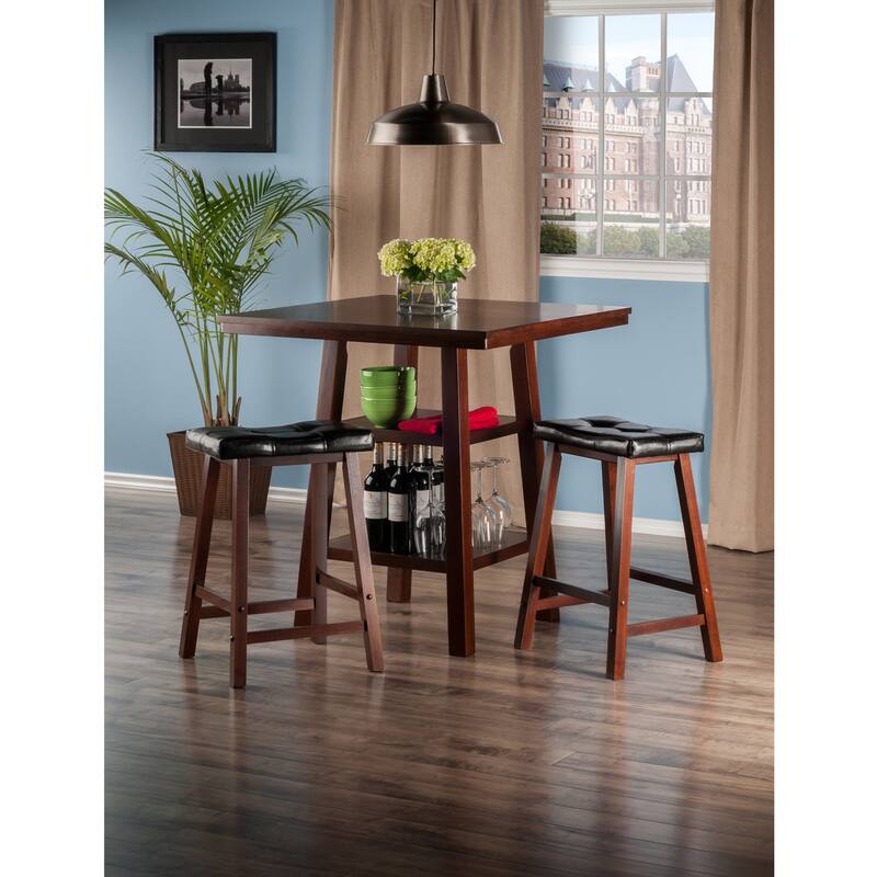 3-Pc High Table with Cushion Saddle Seat Counter Stools, Walnut and Black