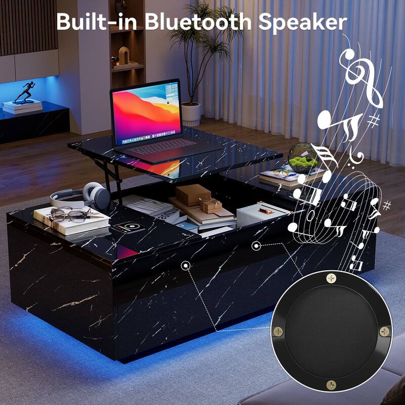 47.2" LED Lift Top Coffee Table with Wireless Charging & Bluetooth Speaker, Smart Storage Drawer, RGB Lights
