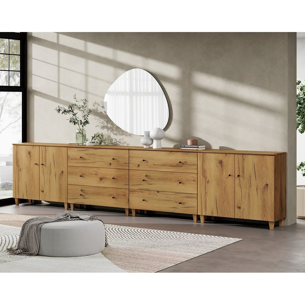 Wood Dresser with 6 Drawers and 2 Cabinets for Bedroom, 142" Wide