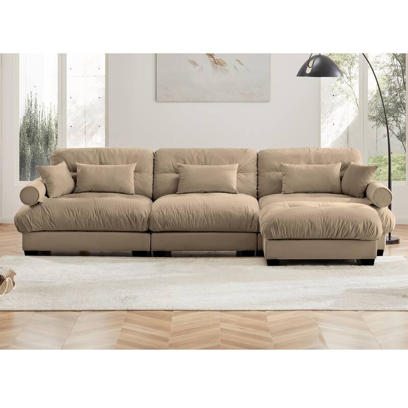 Modern Sectional Couch Comfortable Upholstered Sofa Set with Lumbar Pillow and Throw Pillow for Living Room - 3 Seats + 1 Ottoman - Camel