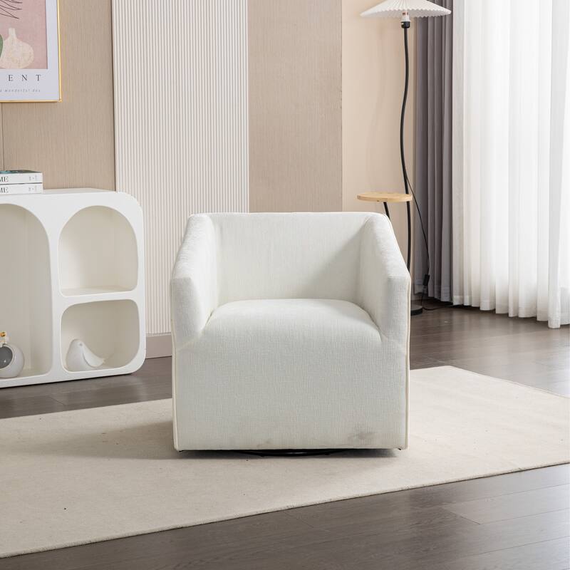 White Chenille 360° Swivel Upholstered Barrel Armchair