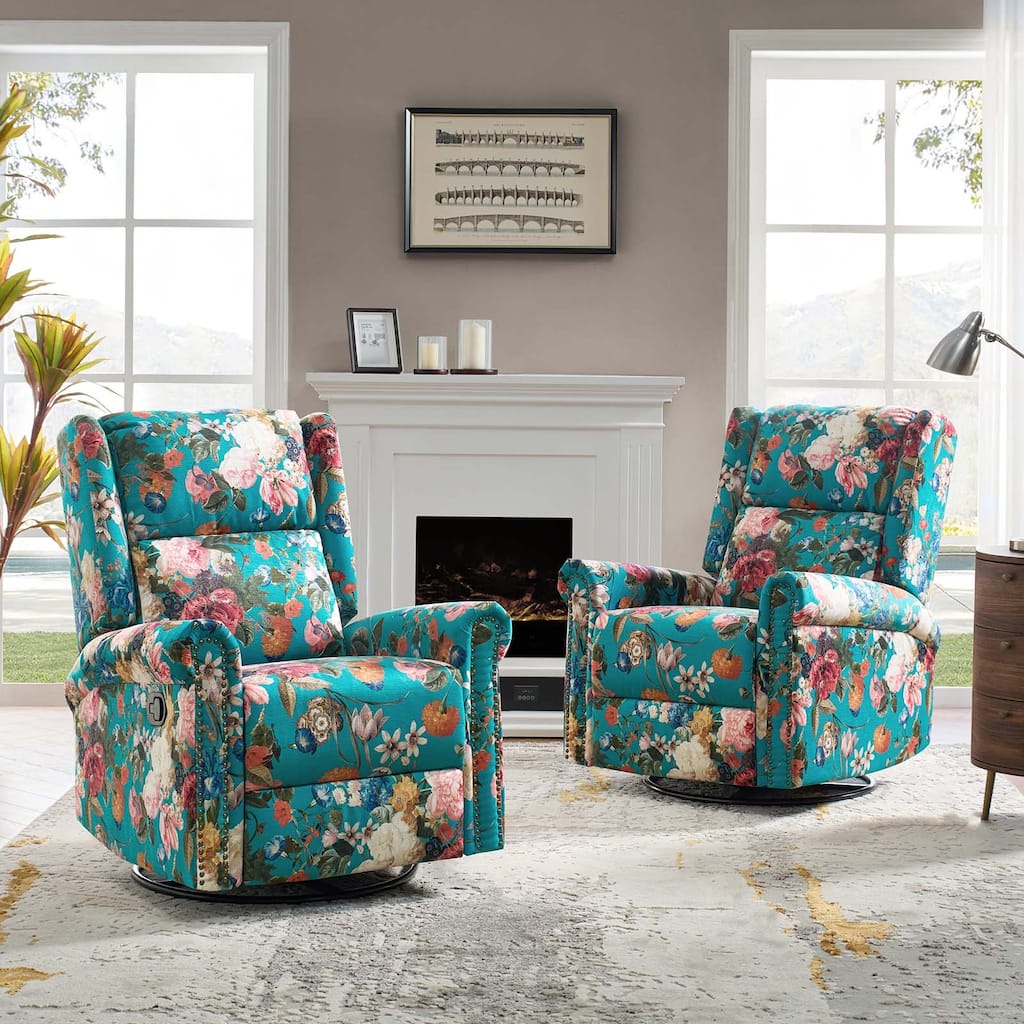 Leopold Transitional Floral Print Manual Swivel Rocking Recliner with Nailhead Trims Set of 2 by HULALA HOME
