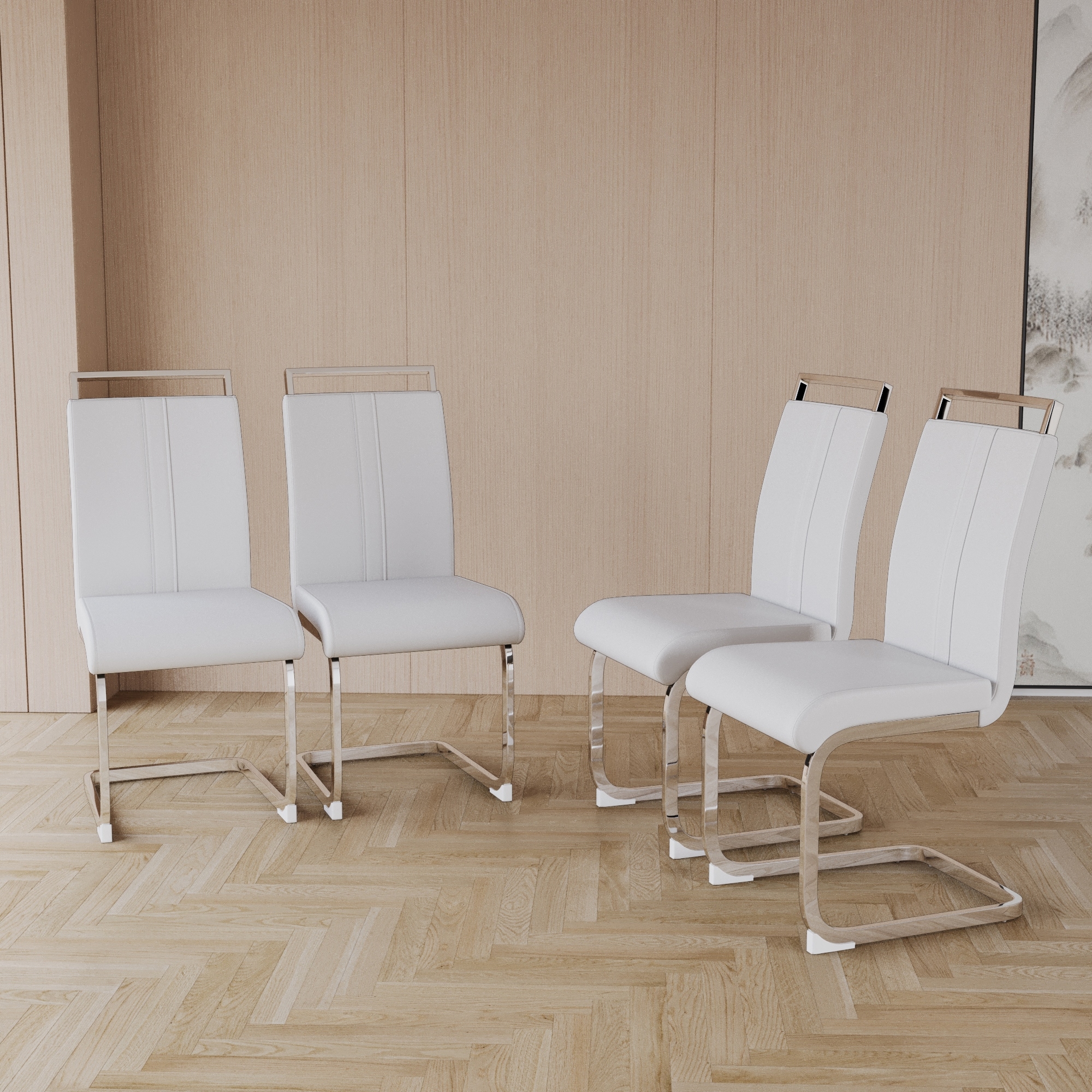 White Silver Leather Reception Chair Dining Chair with High Backrest, Side Chair Office Chair Lounge Chair with Metal Legs