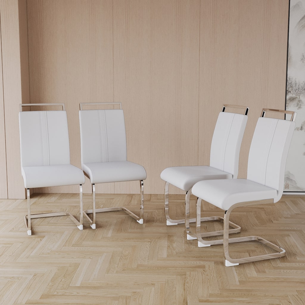 White Silver Leather Reception Chair Dining Chair with High Backrest, Side Chair Office Chair Lounge Chair with Metal Legs