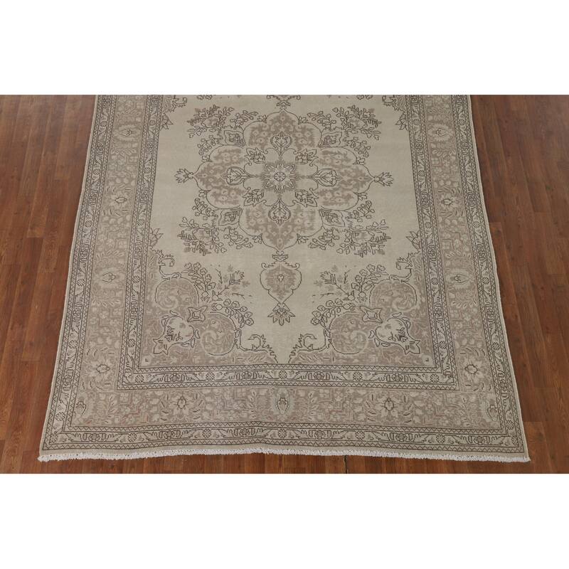 Beige Distressed Tabriz Vintage Persian Rug Hand-Knotted Wool Carpet - 6'9" x 9'6"