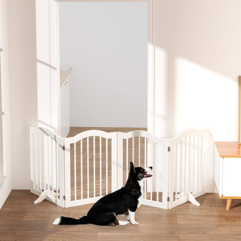 27.6"Height White Wooden 4-Panel Pet Gate Freestanding Foldable Playpen for Dogs Cats - 80”L x 0.70”W x 27.56”H
