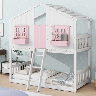 Pink+White Twin Wood House Bunk Bed with Roof & Safety Guardrails