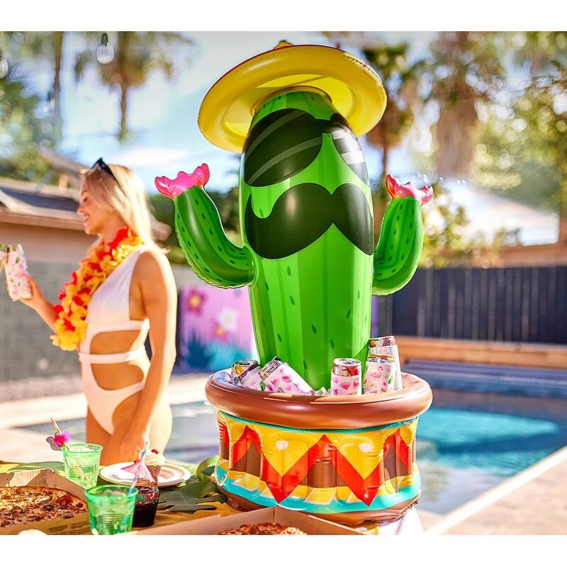 36 inches in Length Green PVC 36" Inflatable Cactus Cooler with Sombrero Hat - 2 x 9 x 10