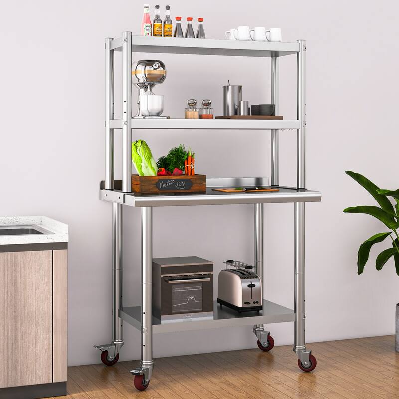 Stainless Steel Overshelf, 2 Tier Overshelf with Hook, Adjustable Double Overshelf for Kitchen Prep Table