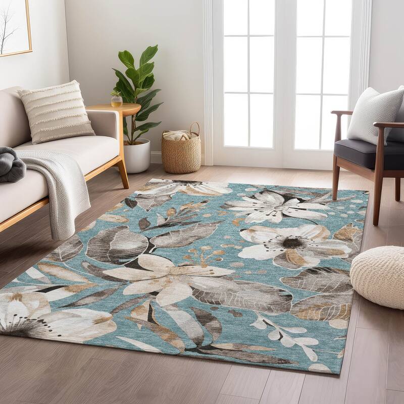 Machine Washable Indoor/ Outdoor Floral Chantille Rug