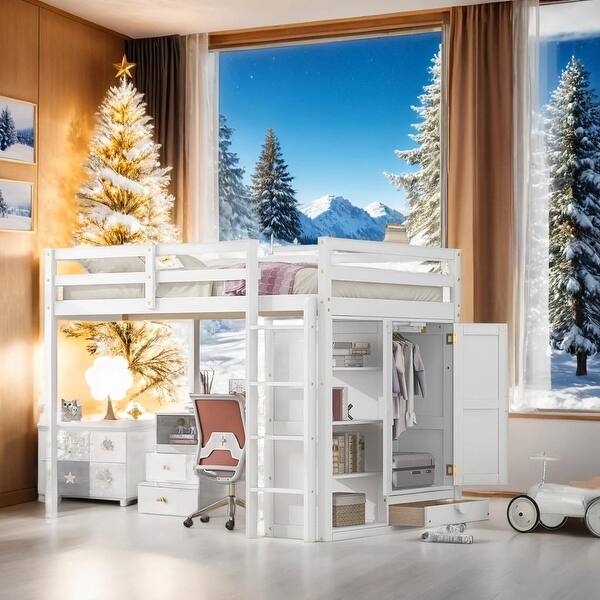 slide 2 of 30, Multi-Functional Wood Full Size Loft Bed with Built-in Wardrobe, Desk, Storage Shelves and Drawers, Maximized Space White