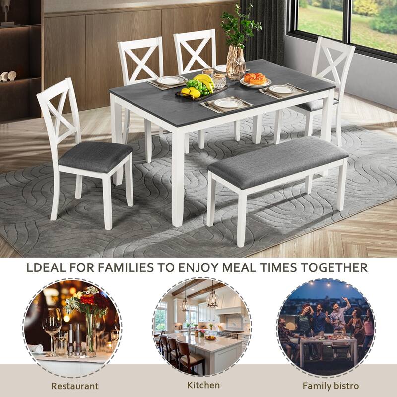 Modern 6 Piece Wooden Dining Table Set, Rectangular Table with 4 Upholstered Chair and X Back & Bench, for Restaurant and Bistro