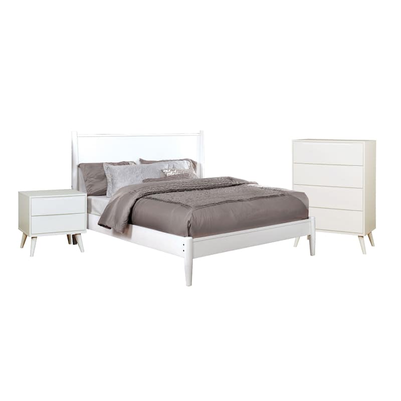 Bekor 3 Pc Full Size Bedroom Set, Mid-Century Modern Style, White Finish