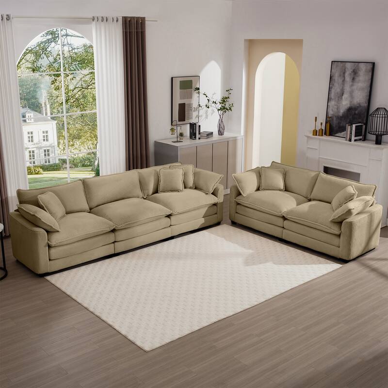 Corduroy Fabric Deep Seat Sofas Set with Throw Pillows, 3+2 Seater Flexible Combinations Sofa with Removable Armrests