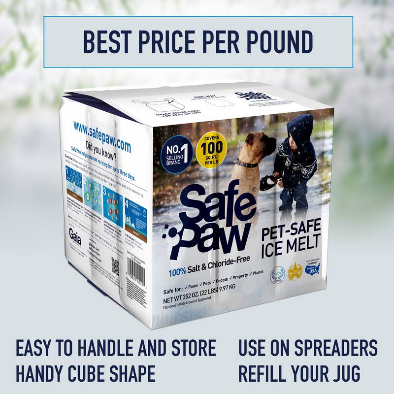 Safe Paw Pet Safe Ice Melt, 100% Salt and Chloride free with Traction Agent, Non-Toxic, Fast Acting, Lasts 3X Longer – 35 Lbs