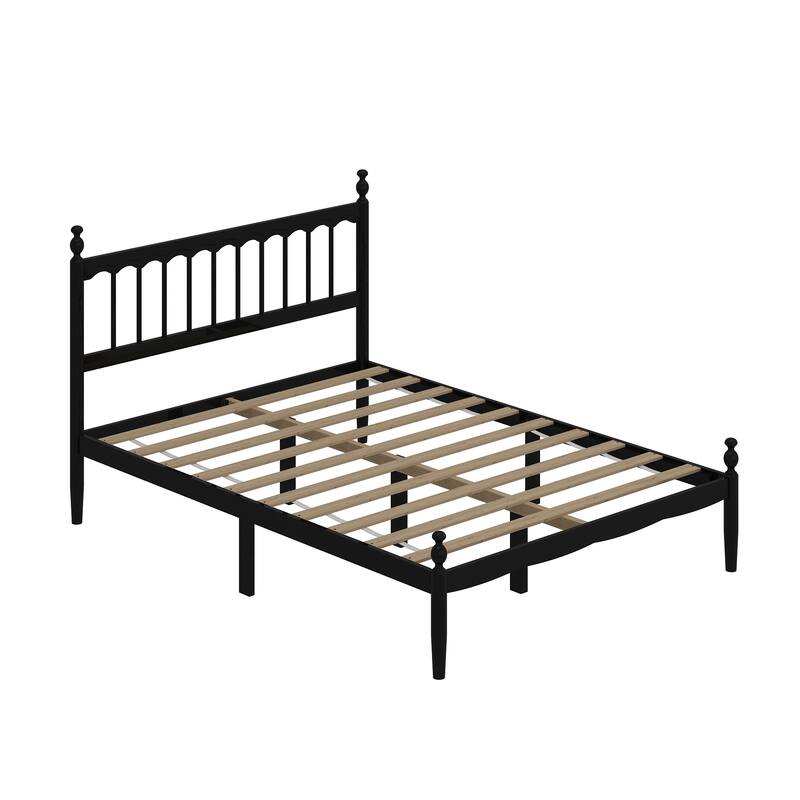 Solid Wood Bed Frame: Classic American - style Design with Black Finish and Rounded Post - tops