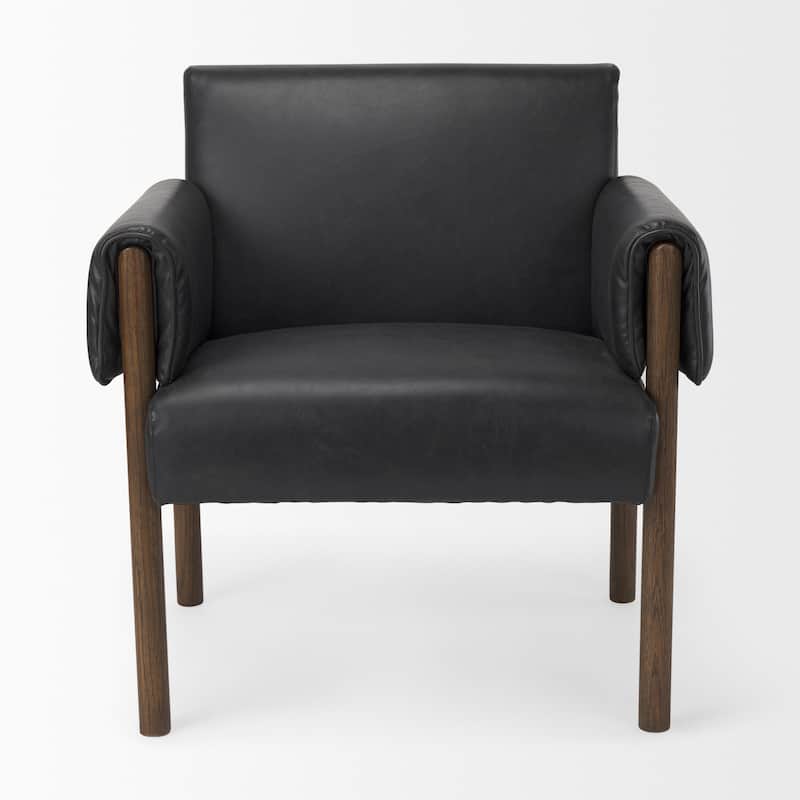 Ashton Black Faux Leather Fabric w/ Dark Brown Solid Beechwood Frame Accent Chair - 28.5"W x 29.7"D x 31.4"H