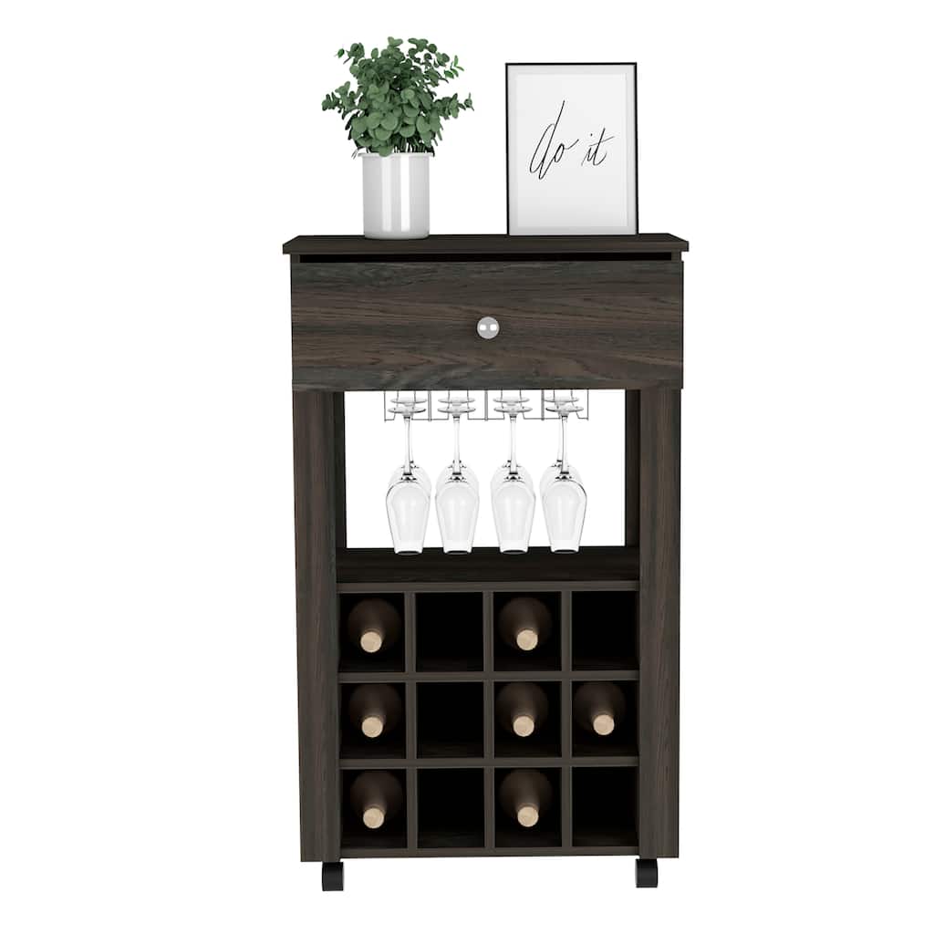 Bar Cart , Twelve Wine Cubbies, Four Legs, Brown Wengue Finish