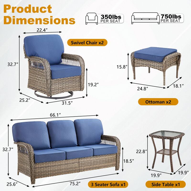 Pocassy Patio Outdoor Sofa Ottoman with Swivel Chair Table Funiture Set.