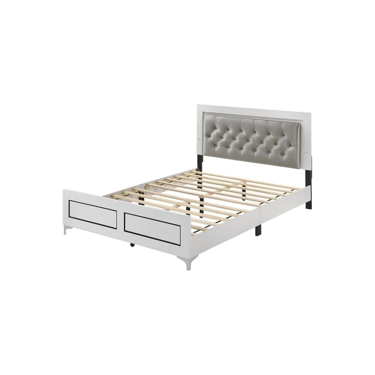 Glam Tufted Queen Bed - Faux Leather Upholstered Bed Frame - Modern Bedroom Furniture - Gray White Finish