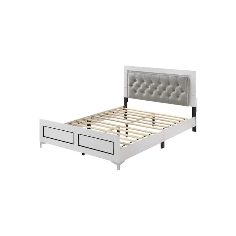 Glam Tufted Queen Bed - Faux Leather Upholstered Bed Frame - Modern Bedroom Furniture - Gray White Finish