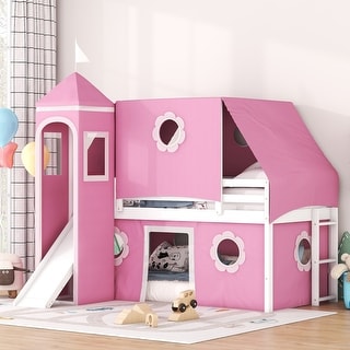Cute Solid Wood House Loft Bed with Slide