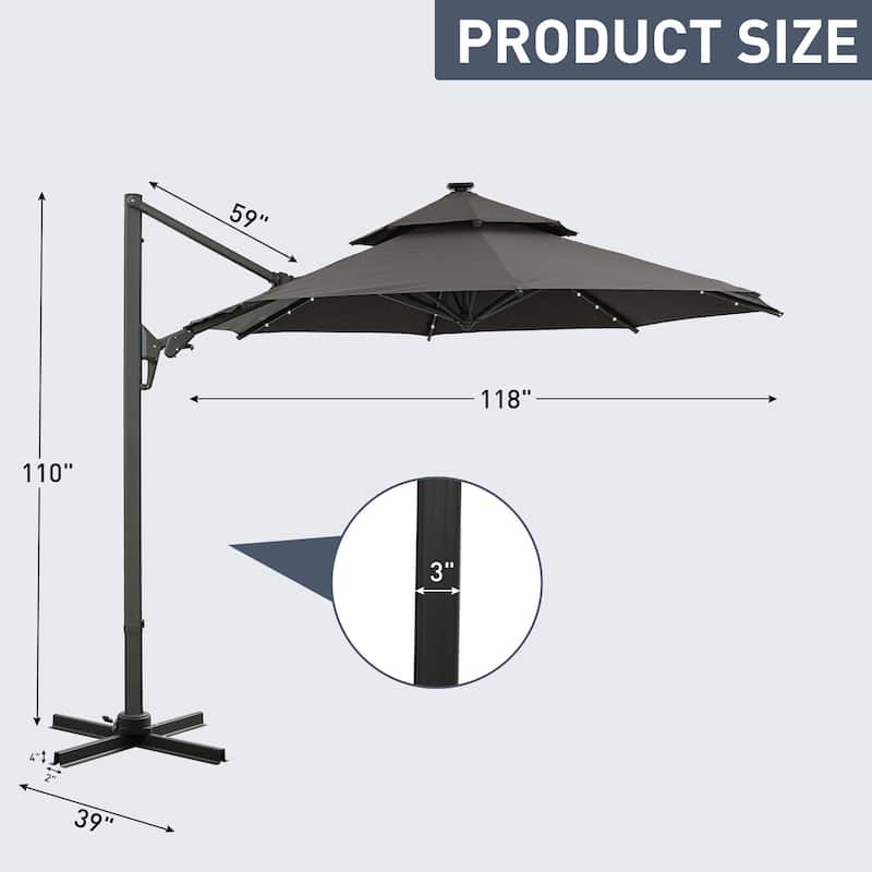 Autlaycil 10FT Cantilever Patio Umbrella with Solar Lights Included Base 360 Rotation Large Offset Hanging Outdoor Shade