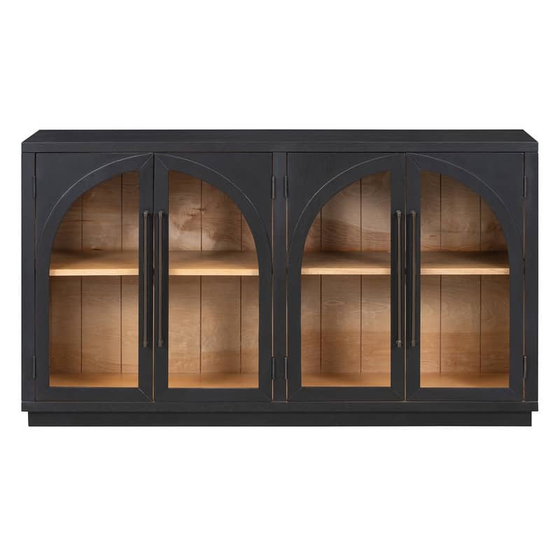 Retro Style Wood Buffet Sideboard with 4 Arched Glass Doors, Kitchen Storage Side Cabinet with Adjustable Shelves
