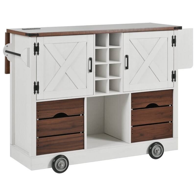 Farmhouse 54" Kitchen Island Cart with Drop Leaf Power Outlet, Rolling Kitchen Island on 4 Large Wheels with Spice Rack
