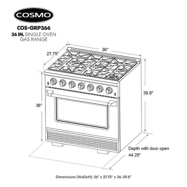 Cosmo Commercial-Style 36 In. 4.5 Cu. Ft. Gas Range with 6 Italian Burners and Heavy Duty Cast Iron Grates In Stainless Steel