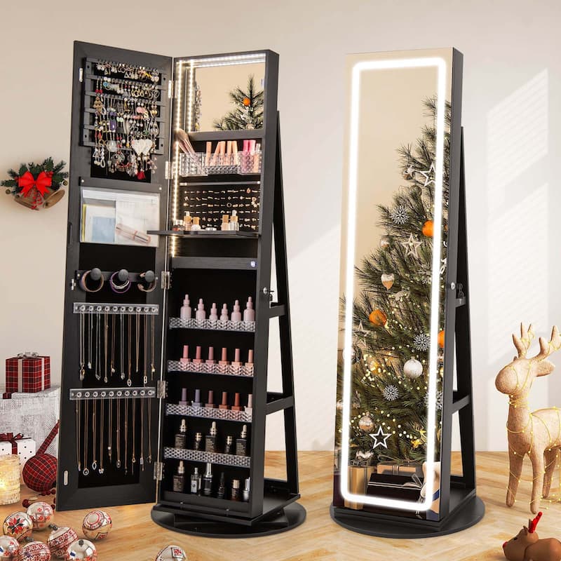 Costway 360° Swivel Jewelry Cabinet Organizer 3-Color LED Mirror with - See Details