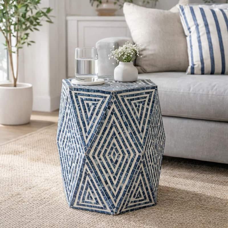18 Inch Accent Table Stool, Hexagonal Design, Diamond Pattern, Blue, White
