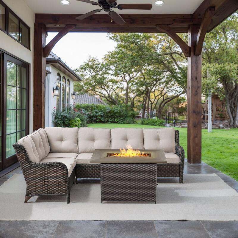 Gymojoy 2-Piece Outdoor Wicker Patio Furniture with Fire Pit and L-shaped Sectional Sofa, Coversation Set with Thick Cushions - Brown Wicker / Beige Cusion - 2-Piece