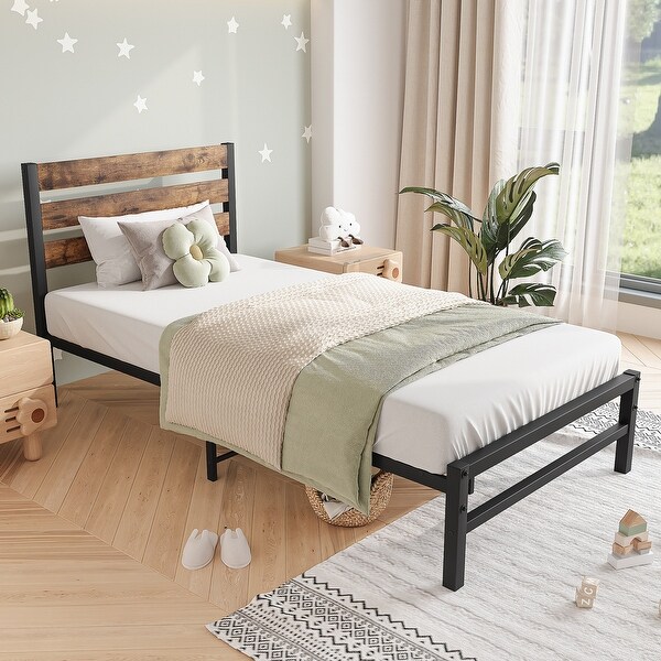 Twin Size Rustic Brown Platform Bed with Wood Headboard and Metal