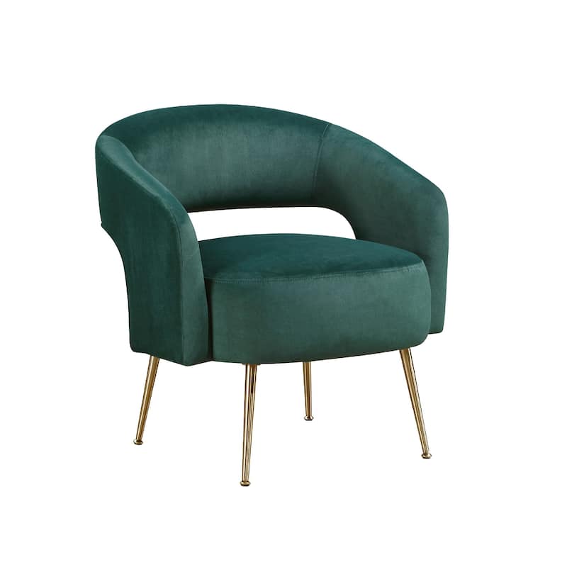 Noel Accent Chair, Curved Open Back, Dark Green Velvet, Gold Metal Legs