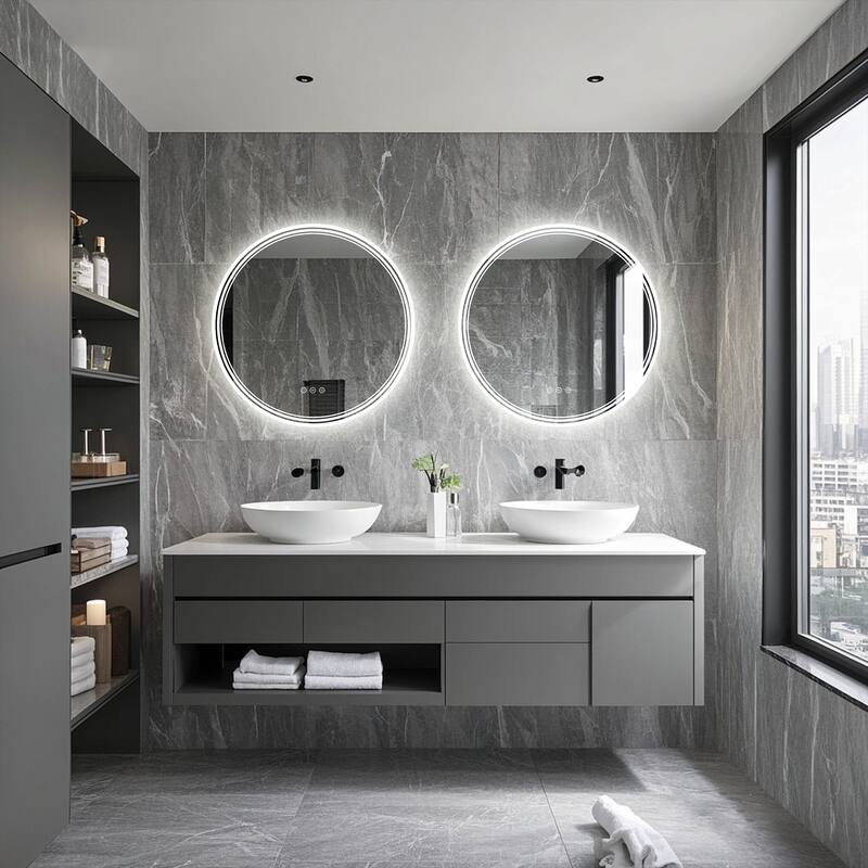 UL Certified Round Frameless Wall Mounted Anti Fog LED Bathroom Vanity Mirror, 3-Color Dimmable, HD Tempered Glass