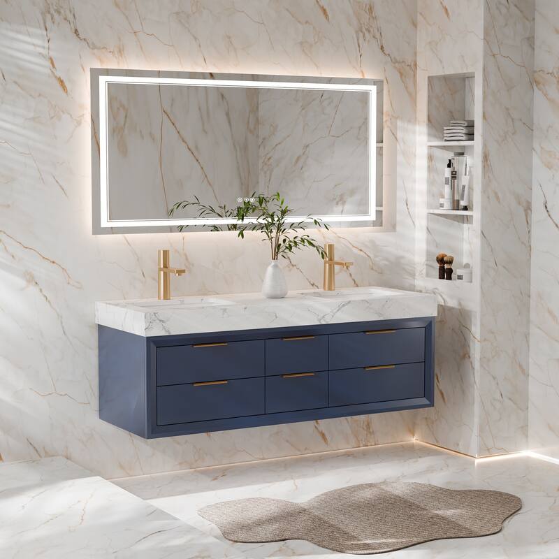 Modland 60" Modern Floating Bathroom Vanity with Double Sink, Soft-Close Drawers, White Stone Countertop