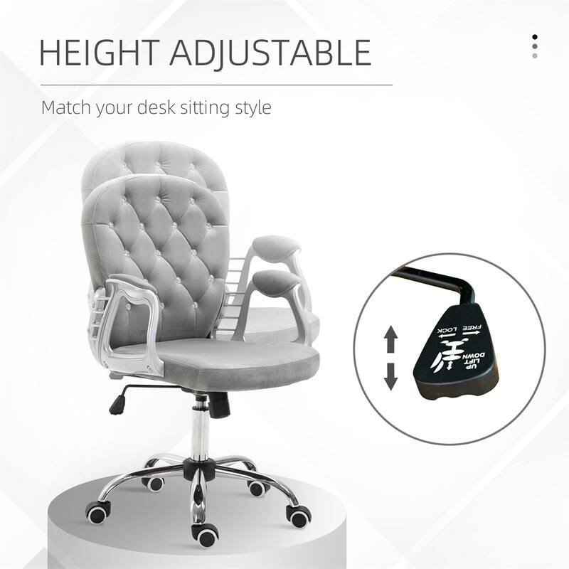 Velvet Adjustable Height Home Office Chair w/ Padded Armrests & Wheel