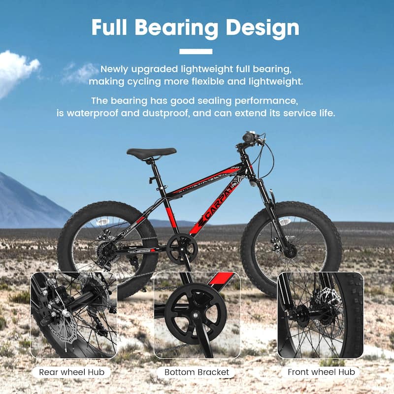 20 Inch Kids Mountain Bike for Boys & Girls Ages 8-14, 7-Speed Carbon Steel Frame, Wide Tires, Disc Brakes, Suspension