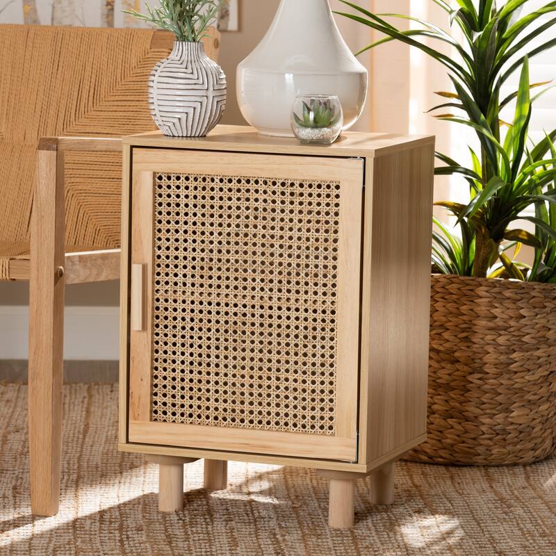 Baxton Studio Maclean Mid-Century Modern Rattan and Natural Brown Finished Wood 1-Door End Table