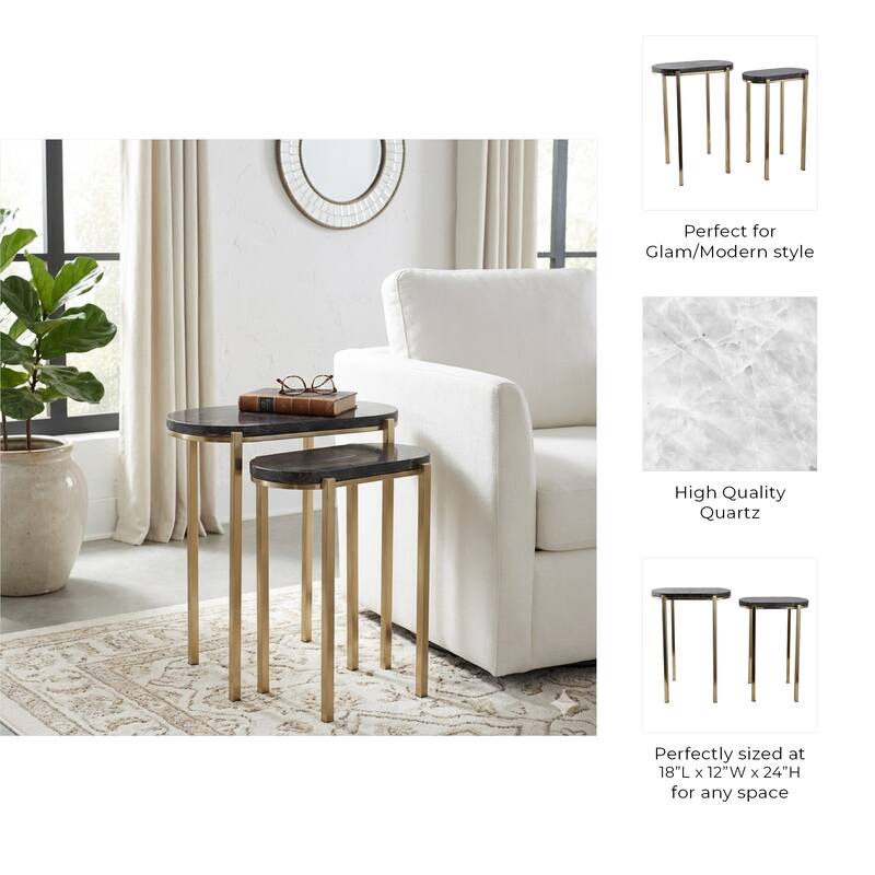 Nesting Tables with Quartz Top - Set of 2, 23", 24", Black & Gold - 24.0"