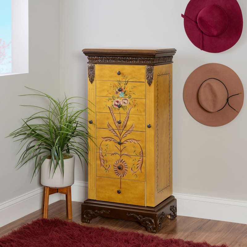 Hand carved Floral Jewelry Armoire with 7 Drawers - 41.5" - Yellow and Brown