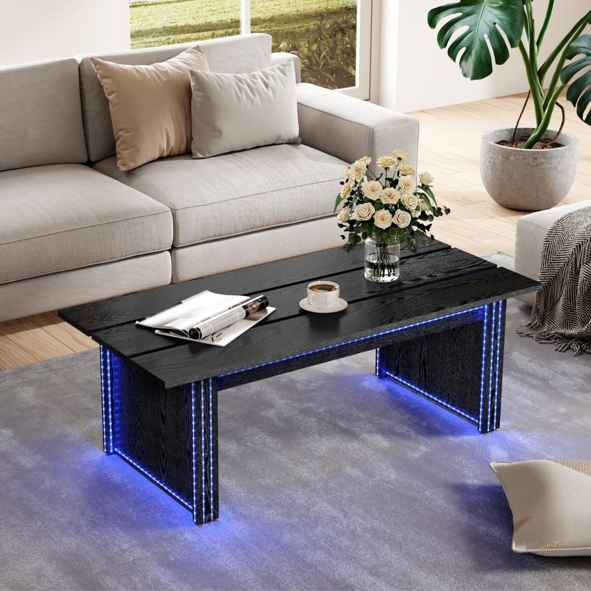 Wood Coffee Table with LED Light Center Table for Living Room Black