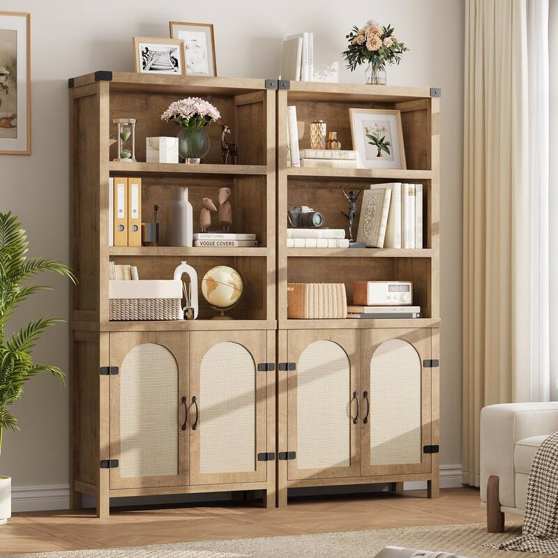 2Pcs Tall Bookshelf with Storage, Bookshelves and Bookcases with Doors - Wood color
