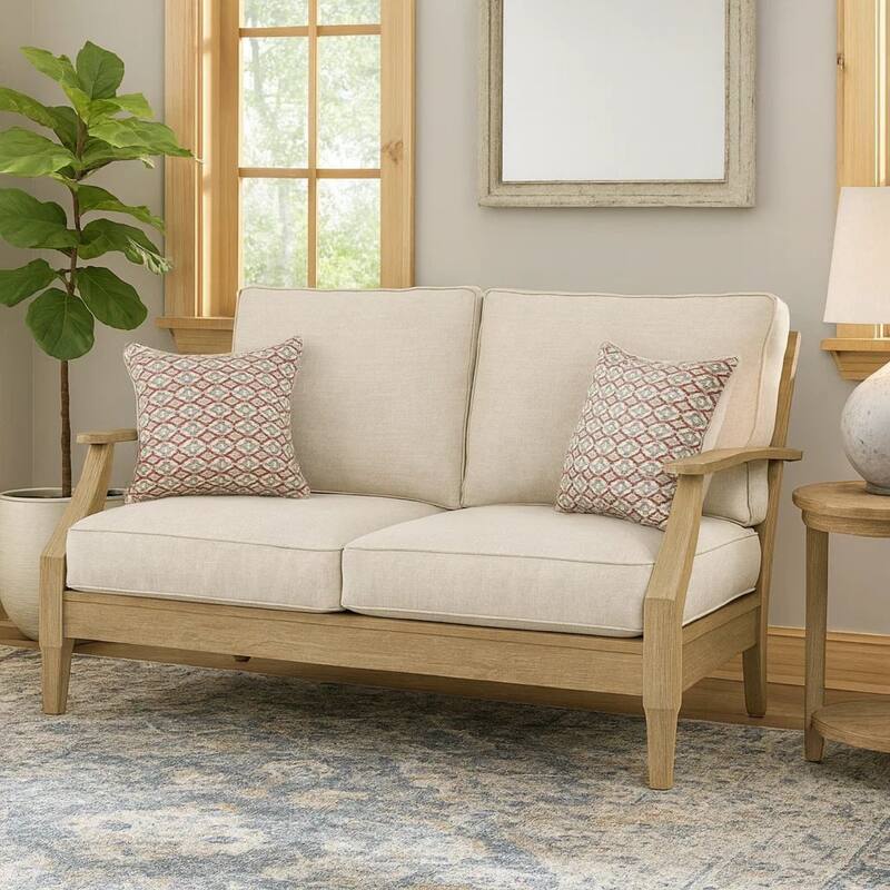 Traditional Wooden Loveseat with Fabric Cushioned Seating, Beige and Brown
