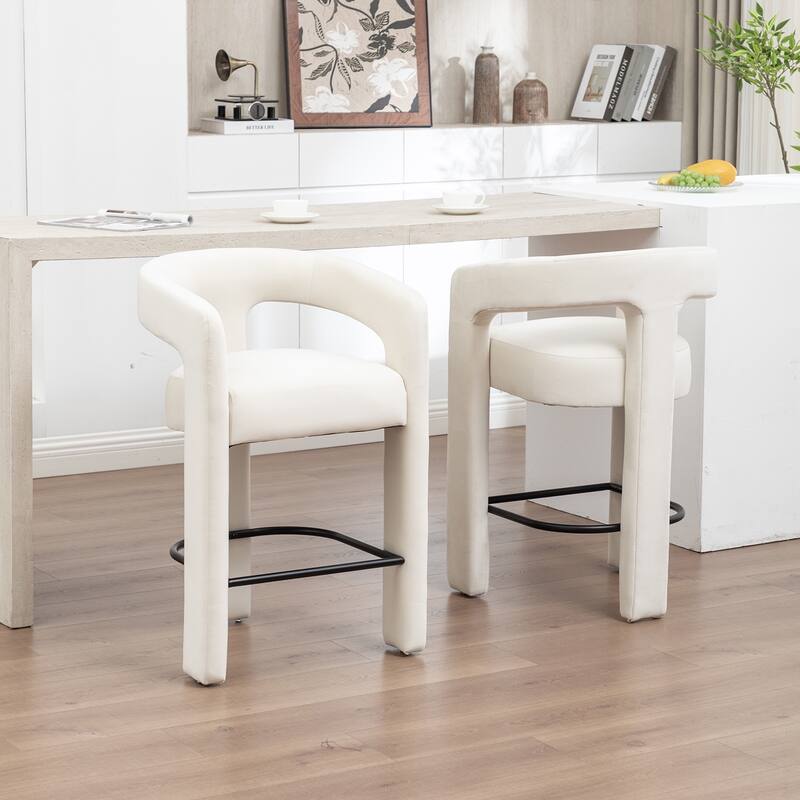 SEYNAR Modern Velvet 34.6''H Fixed Height Open-Back Bar Stool with Metal Footrest Set of 2 - Beige