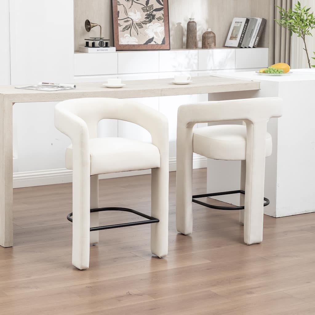 SEYNAR Modern Velvet 34.6''H Fixed Height Open-Back Bar Stool with Metal Footrest Set of 2